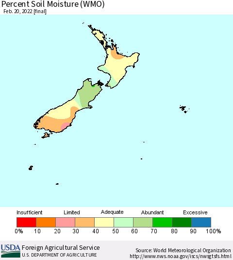 New Zealand Percent Soil Moisture (WMO) Thematic Map For 2/14/2022 - 2/20/2022