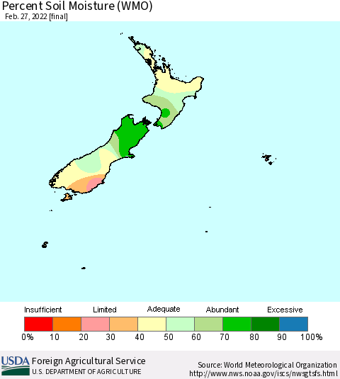 New Zealand Percent Soil Moisture (WMO) Thematic Map For 2/21/2022 - 2/27/2022