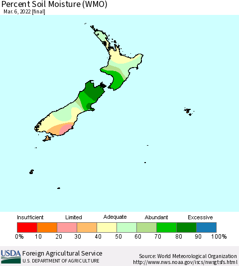 New Zealand Percent Soil Moisture (WMO) Thematic Map For 2/28/2022 - 3/6/2022