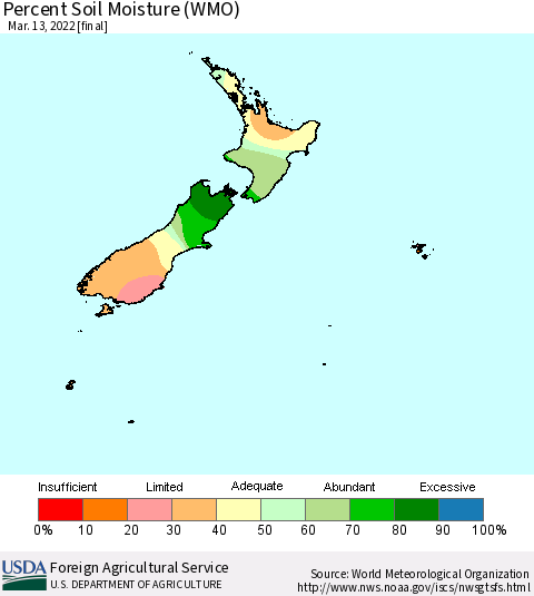 New Zealand Percent Soil Moisture (WMO) Thematic Map For 3/7/2022 - 3/13/2022