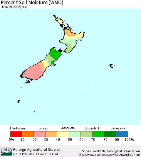 New Zealand Percent Soil Moisture (WMO) Thematic Map For 3/14/2022 - 3/20/2022