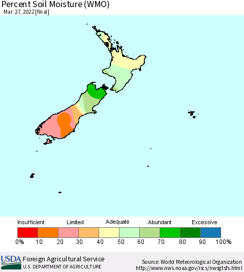 New Zealand Percent Soil Moisture (WMO) Thematic Map For 3/21/2022 - 3/27/2022