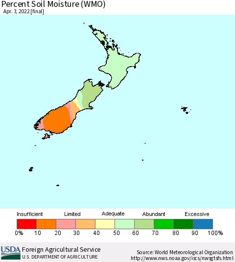 New Zealand Percent Soil Moisture (WMO) Thematic Map For 3/28/2022 - 4/3/2022
