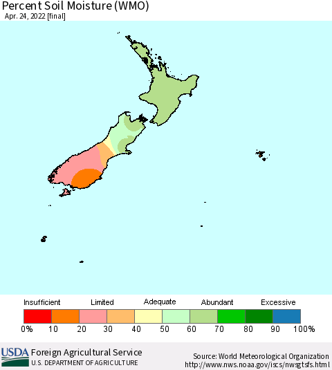 New Zealand Percent Soil Moisture (WMO) Thematic Map For 4/18/2022 - 4/24/2022