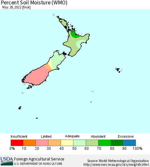 New Zealand Percent Soil Moisture (WMO) Thematic Map For 5/23/2022 - 5/29/2022