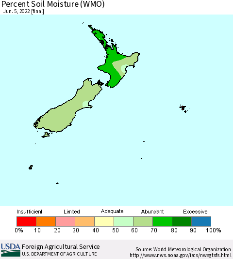 New Zealand Percent Soil Moisture (WMO) Thematic Map For 5/30/2022 - 6/5/2022