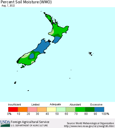 New Zealand Percent Soil Moisture (WMO) Thematic Map For 8/1/2022 - 8/7/2022