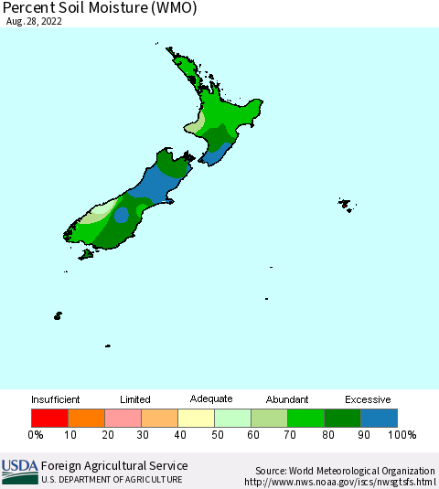 New Zealand Percent Soil Moisture (WMO) Thematic Map For 8/22/2022 - 8/28/2022