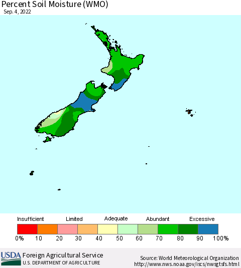 New Zealand Percent Soil Moisture (WMO) Thematic Map For 8/29/2022 - 9/4/2022