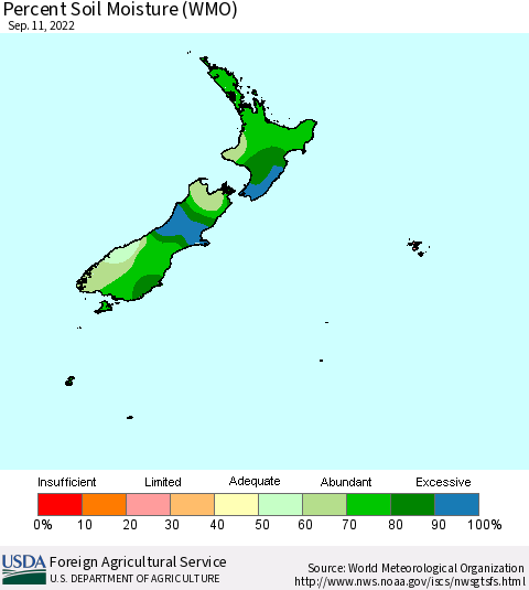 New Zealand Percent Soil Moisture (WMO) Thematic Map For 9/5/2022 - 9/11/2022