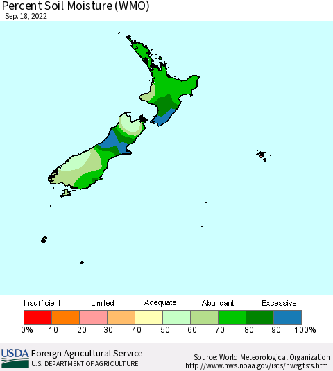 New Zealand Percent Soil Moisture (WMO) Thematic Map For 9/12/2022 - 9/18/2022
