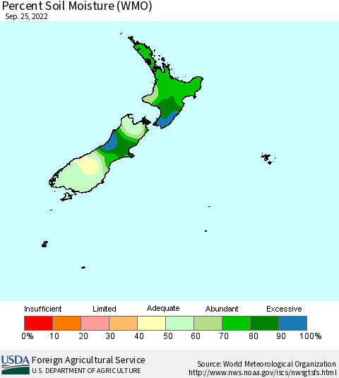 New Zealand Percent Soil Moisture (WMO) Thematic Map For 9/19/2022 - 9/25/2022