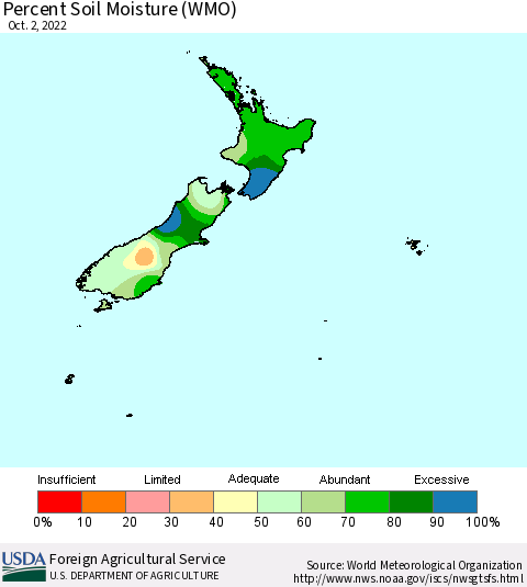 New Zealand Percent Soil Moisture (WMO) Thematic Map For 9/26/2022 - 10/2/2022