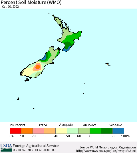 New Zealand Percent Soil Moisture (WMO) Thematic Map For 10/24/2022 - 10/30/2022