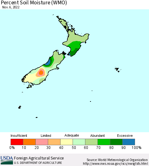 New Zealand Percent Soil Moisture (WMO) Thematic Map For 10/31/2022 - 11/6/2022