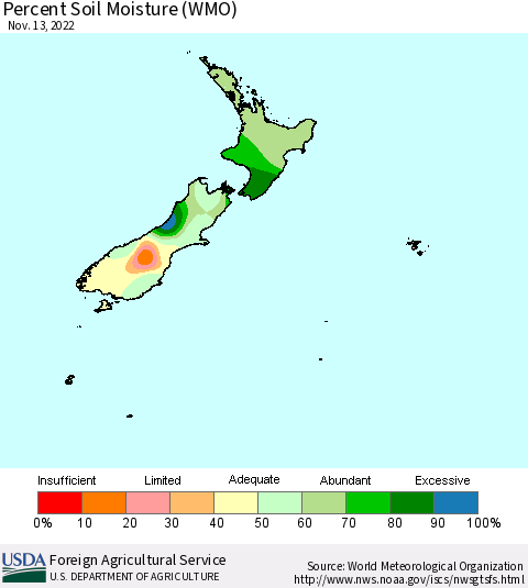 New Zealand Percent Soil Moisture (WMO) Thematic Map For 11/7/2022 - 11/13/2022