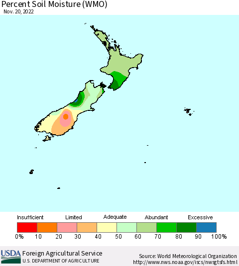 New Zealand Percent Soil Moisture (WMO) Thematic Map For 11/14/2022 - 11/20/2022