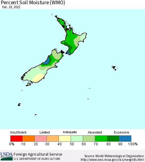 New Zealand Percent Soil Moisture (WMO) Thematic Map For 12/12/2022 - 12/18/2022