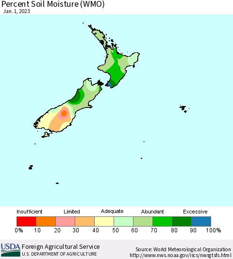 New Zealand Percent Soil Moisture (WMO) Thematic Map For 12/26/2022 - 1/1/2023