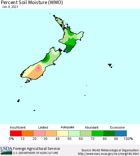 New Zealand Percent Soil Moisture (WMO) Thematic Map For 1/2/2023 - 1/8/2023