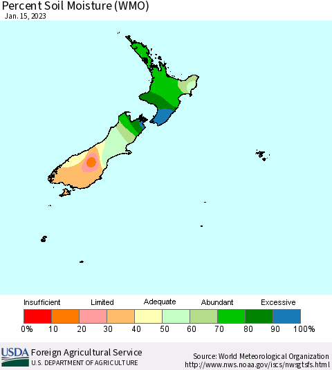 New Zealand Percent Soil Moisture (WMO) Thematic Map For 1/9/2023 - 1/15/2023