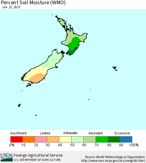 New Zealand Percent Soil Moisture (WMO) Thematic Map For 1/16/2023 - 1/22/2023