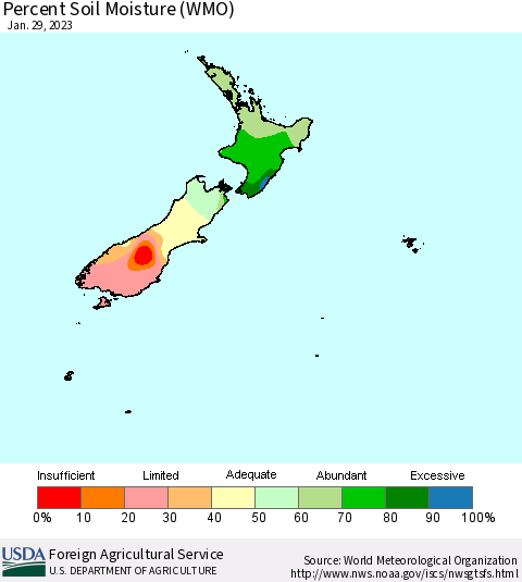 New Zealand Percent Soil Moisture (WMO) Thematic Map For 1/23/2023 - 1/29/2023