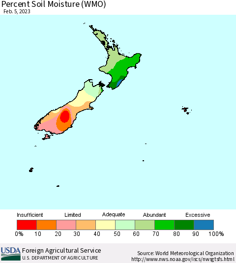 New Zealand Percent Soil Moisture (WMO) Thematic Map For 1/30/2023 - 2/5/2023