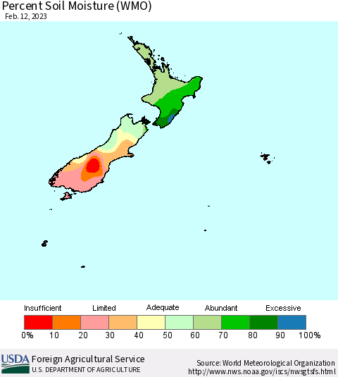 New Zealand Percent Soil Moisture (WMO) Thematic Map For 2/6/2023 - 2/12/2023
