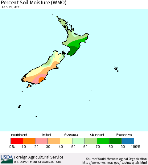 New Zealand Percent Soil Moisture (WMO) Thematic Map For 2/13/2023 - 2/19/2023