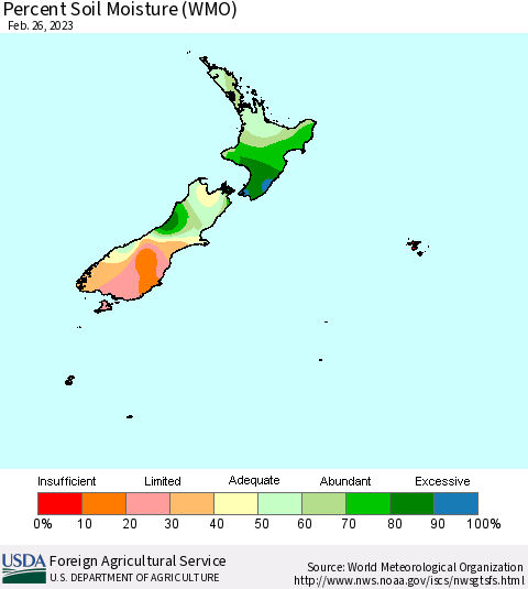 New Zealand Percent Soil Moisture (WMO) Thematic Map For 2/20/2023 - 2/26/2023