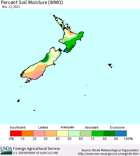 New Zealand Percent Soil Moisture (WMO) Thematic Map For 3/6/2023 - 3/12/2023
