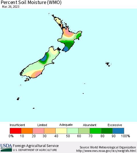 New Zealand Percent Soil Moisture (WMO) Thematic Map For 3/20/2023 - 3/26/2023