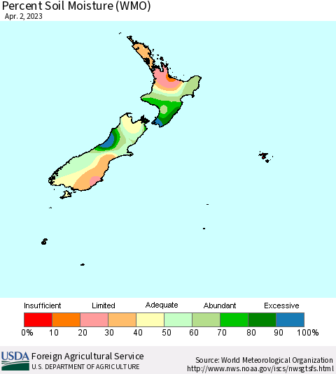 New Zealand Percent Soil Moisture (WMO) Thematic Map For 3/27/2023 - 4/2/2023