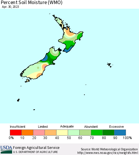 New Zealand Percent Soil Moisture (WMO) Thematic Map For 4/24/2023 - 4/30/2023