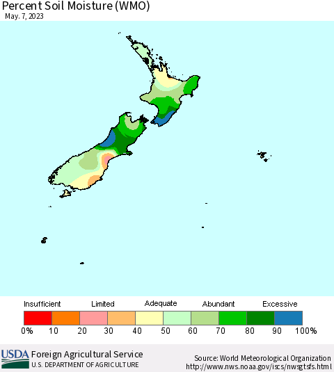 New Zealand Percent Soil Moisture (WMO) Thematic Map For 5/1/2023 - 5/7/2023