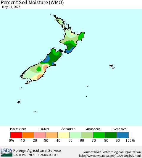 New Zealand Percent Soil Moisture (WMO) Thematic Map For 5/8/2023 - 5/14/2023