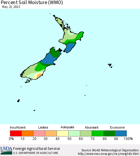 New Zealand Percent Soil Moisture (WMO) Thematic Map For 5/15/2023 - 5/21/2023
