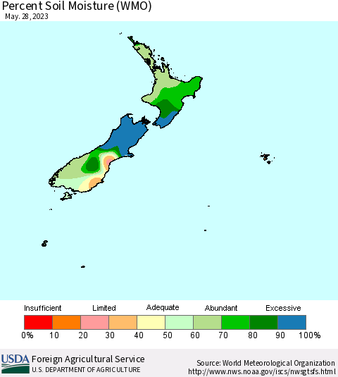 New Zealand Percent Soil Moisture (WMO) Thematic Map For 5/22/2023 - 5/28/2023