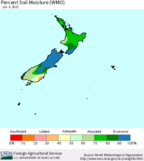 New Zealand Percent Soil Moisture (WMO) Thematic Map For 5/29/2023 - 6/4/2023