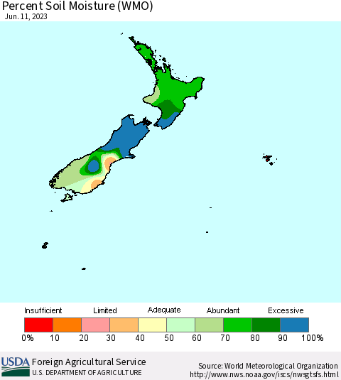 New Zealand Percent Soil Moisture (WMO) Thematic Map For 6/5/2023 - 6/11/2023