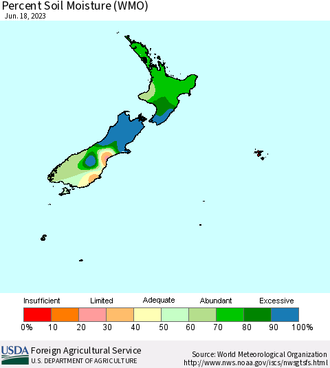 New Zealand Percent Soil Moisture (WMO) Thematic Map For 6/12/2023 - 6/18/2023