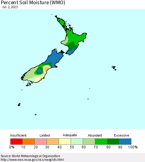 New Zealand Percent Soil Moisture (WMO) Thematic Map For 6/26/2023 - 7/2/2023