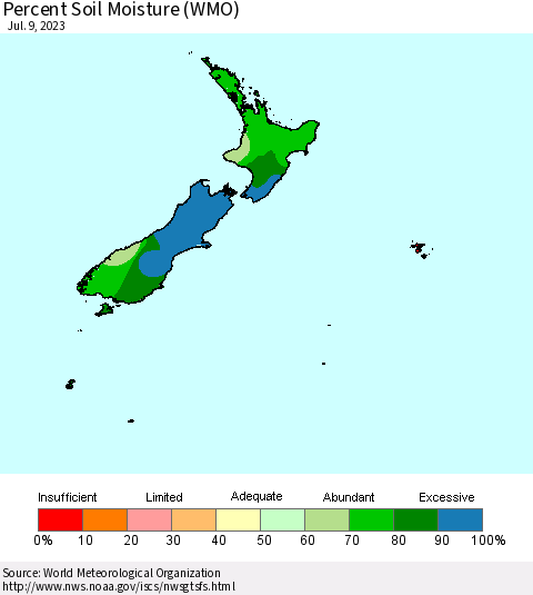 New Zealand Percent Soil Moisture (WMO) Thematic Map For 7/3/2023 - 7/9/2023