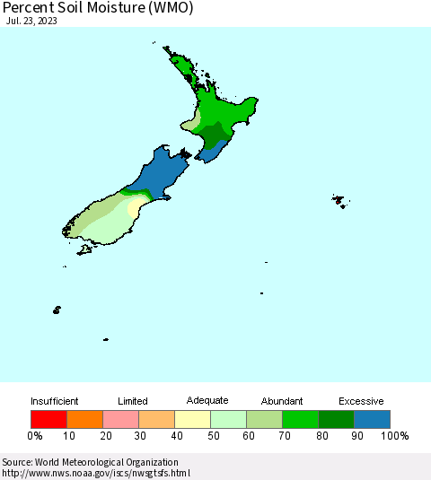 New Zealand Percent Soil Moisture (WMO) Thematic Map For 7/17/2023 - 7/23/2023