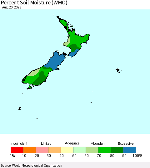 New Zealand Percent Soil Moisture (WMO) Thematic Map For 8/14/2023 - 8/20/2023