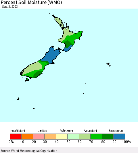 New Zealand Percent Soil Moisture (WMO) Thematic Map For 8/28/2023 - 9/3/2023