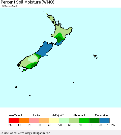 New Zealand Percent Soil Moisture (WMO) Thematic Map For 9/4/2023 - 9/10/2023