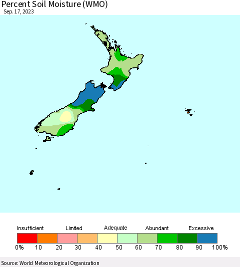 New Zealand Percent Soil Moisture (WMO) Thematic Map For 9/11/2023 - 9/17/2023
