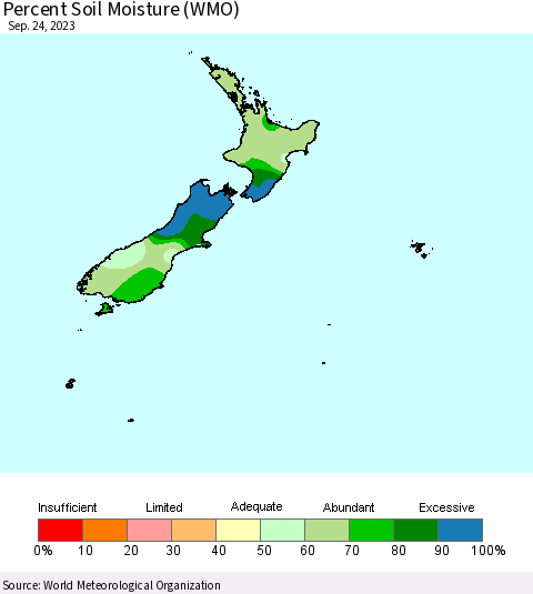 New Zealand Percent Soil Moisture (WMO) Thematic Map For 9/18/2023 - 9/24/2023